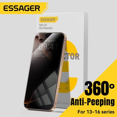 ESSAGER Cs 360° Màu đen trong suốt Bảo vệ quyền riêng tư Kính cường lực Bảo vệ màn hình 1: 1 Precision Fit ip 13-16 Pro Plus
