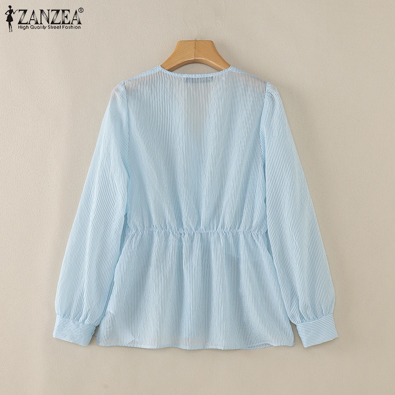 Zanzea Áo sơ mi nữ cổ chữ V thông thường Hàn Quốc có tay áo sọc eo | BigBuy360 - bigbuy360.vn