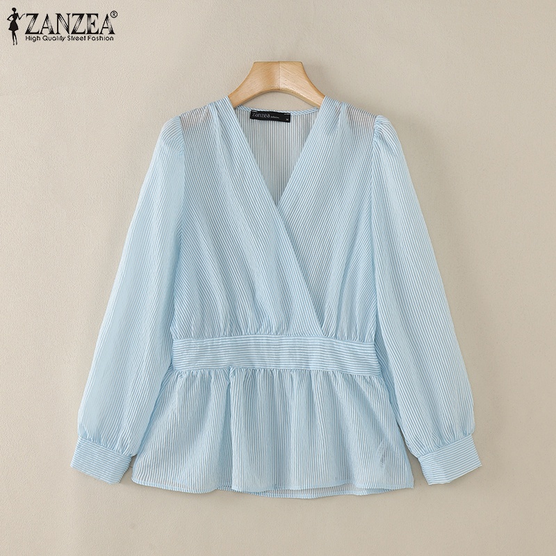 Zanzea Áo sơ mi nữ cổ chữ V thông thường Hàn Quốc có tay áo sọc eo | BigBuy360 - bigbuy360.vn