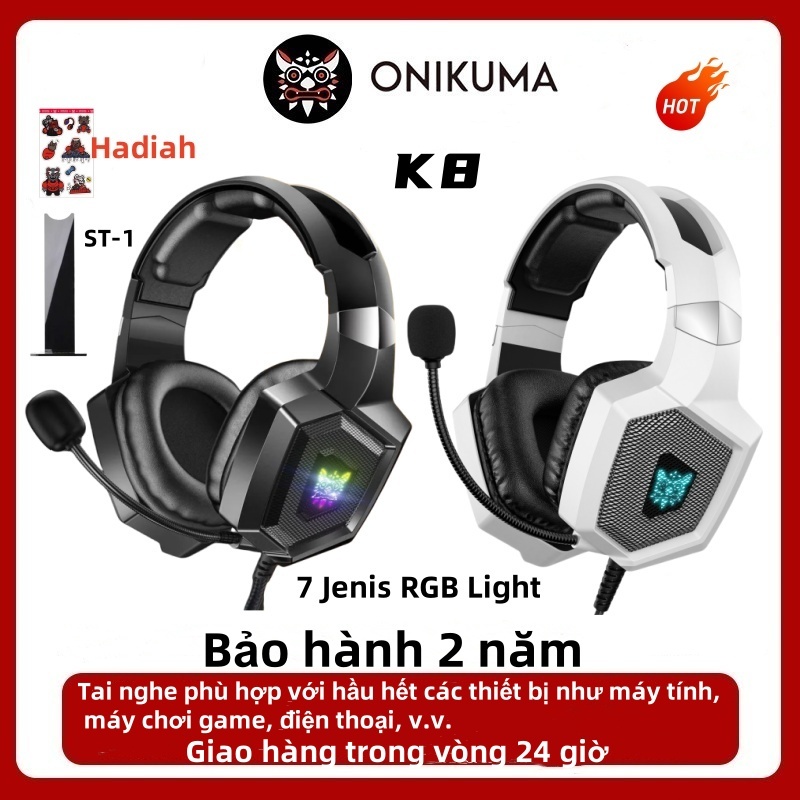 (Mới) Tai nghe khử tiếng ồn trắng Onikuma K8 Trò chơi tai nghe chơi Game siêu trầm có micrô LED RGB 