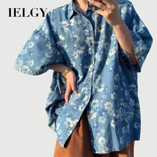 IELGY Mùa hè mới dáng rộng hoa đi biển đau khổ áo sơ mi ngắn tay denim dành cho nam