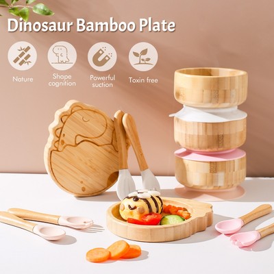 Đĩa ăn tối bằng gỗ tre cho bé 2 trong 1 Bát hút chắc chắn có thìa & nĩa cho ăn cần thiết Bát tập cho bé sơ sinh