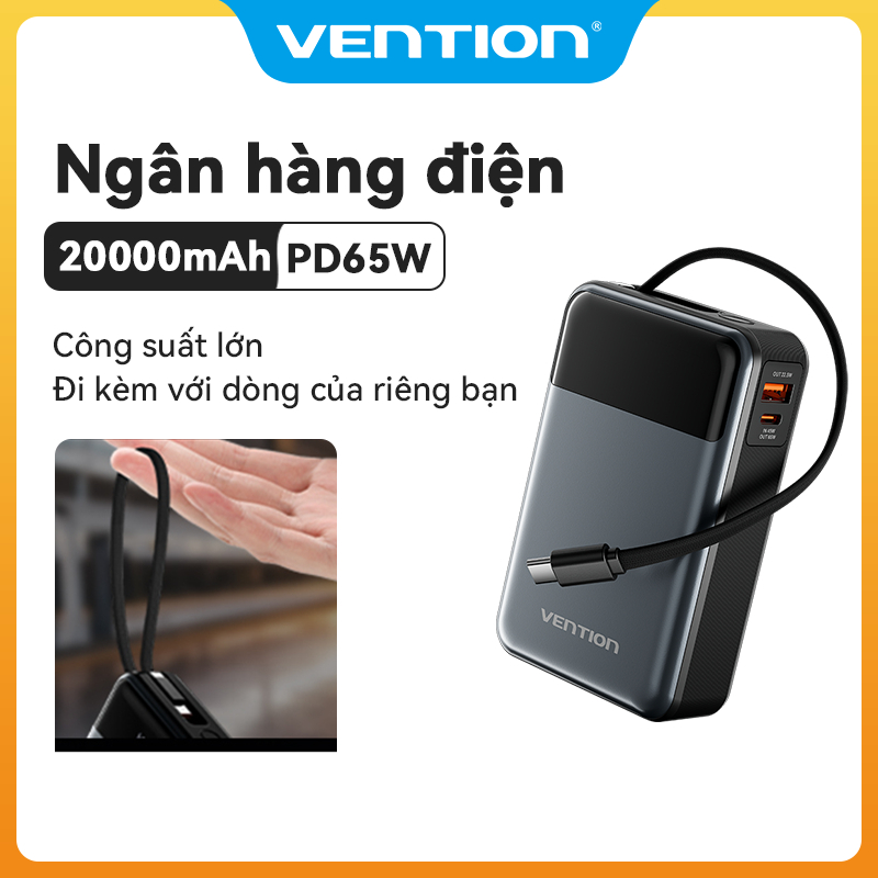 Vention 20000mAh Power Bank tích hợp cáp USB-C 65W PD Màn hình kỹ thuật số sạc nhanh | BigBuy360 - bigbuy360.vn