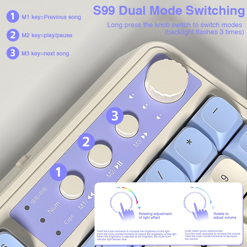 Bàn phím màng không dây AULA S99 99 phím Con lăn đa chức năng RGB ba chế độ cho bàn phím văn phòng và chơi game | BigBuy360 - bigbuy360.vn