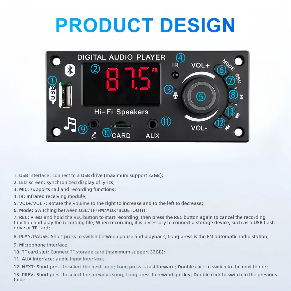 Bộ khuếch đại 100W Bluetooth 5.0 DIY MP3 WAV Bộ giải mã DC 12V 50W Xe không dây USB Máy nghe nhạc MP3 Khe cắm thẻ TF USB FM với Mic 3,5 mm | BigBuy360 - bigbuy360.vn