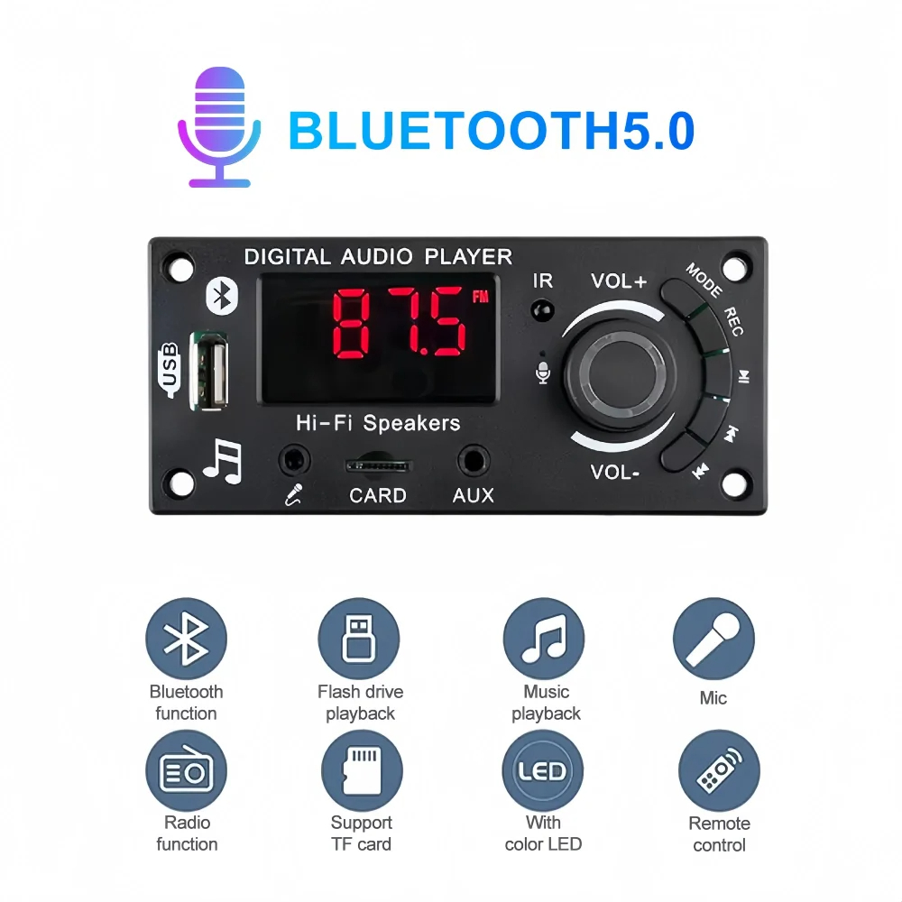 Bộ khuếch đại 100W Bluetooth 5.0 DIY MP3 WAV Bộ giải mã DC 12V 50W Xe không dây USB Máy nghe nhạc MP3 Khe cắm thẻ TF USB FM với Mic 3,5 mm | BigBuy360 - bigbuy360.vn
