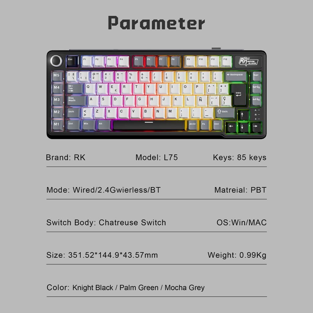 Royal Kludge RK L75 Knight Black 85 Key Diy Tri-Mode RGB Bàn phím cơ không dây Bluetooth 2.4G | BigBuy360 - bigbuy360.vn