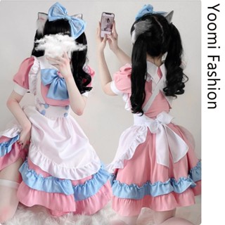 Cosplay nữ ngắn, Bộ trang phục Cosplay hầu gái siêu dễ thương Bộ 5 món, Váy Lolita màu hồng