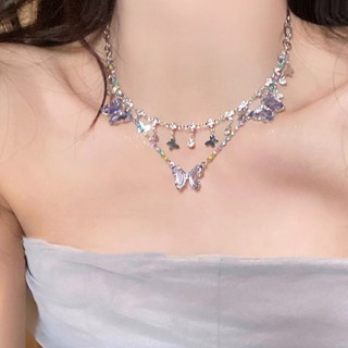  Thời trang Hàn Quốc đôi zirconia tím vòng cổ bướm nữ màu bạc ins quà tặng sinh nhật sinh viên tốt 