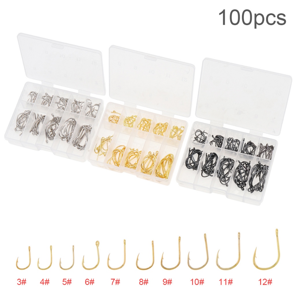 100 Cái / lốc Móc Câu Cá Có Lỗ Bộ 3-12 # Thép Carbon Cao Đơn Móc Cá Jip Thép Gai Cá Chép Móc Có Hộp