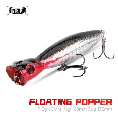 Kingdom TopWater Popper Mồi Câu Cá Nổi 80mm / 9.5g 100mm / 16g 130mm / 36g Mồi Cứng Mồi Nhân Tạo Wobblers Câu Cá Chuyên Nghiệp Cho Cá Rô Bass Pike Barracuda Cá Hồi