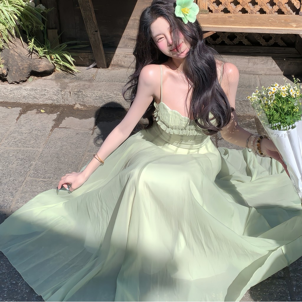 Phiên Bản Hàn Quốc Du Lịch Kỳ Nghỉ Xanh Voan Sling Sản Xuất Quần Áo Nữ Slim-fit Thiết Kế Cao Cấp Không Tay Giữa Chiều Dài | BigBuy360 - bigbuy360.vn