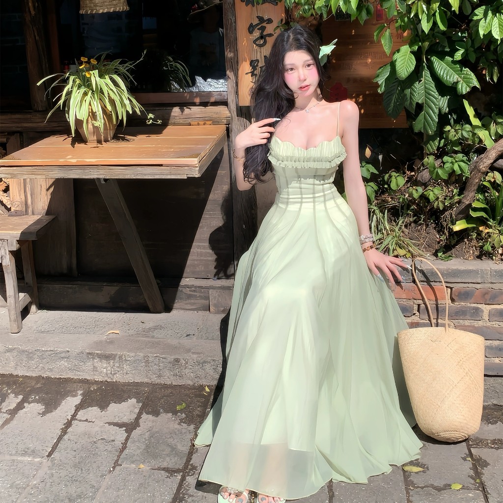 Phiên Bản Hàn Quốc Du Lịch Kỳ Nghỉ Xanh Voan Sling Sản Xuất Quần Áo Nữ Slim-fit Thiết Kế Cao Cấp Không Tay Giữa Chiều Dài | BigBuy360 - bigbuy360.vn