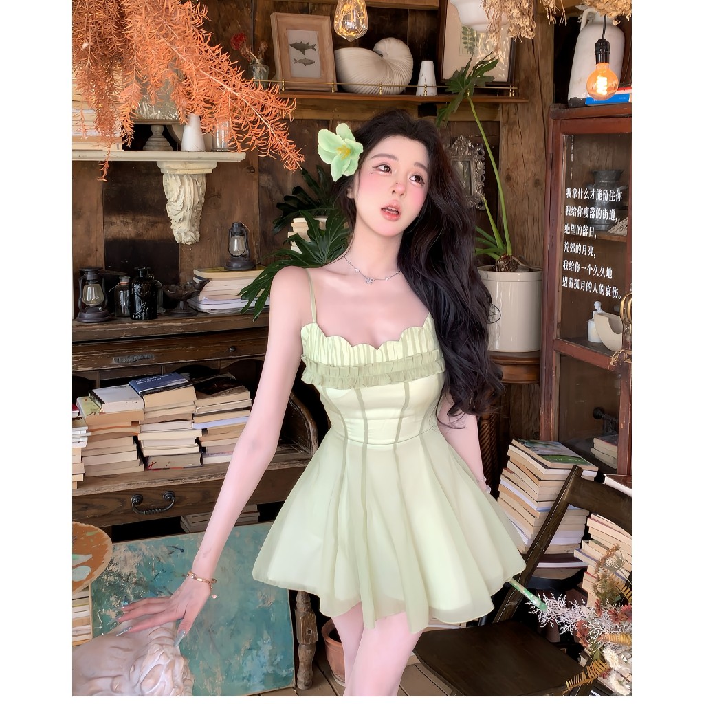 Phiên Bản Hàn Quốc Du Lịch Kỳ Nghỉ Xanh Voan Sling Sản Xuất Quần Áo Nữ Slim-fit Thiết Kế Cao Cấp Không Tay Giữa Chiều Dài | BigBuy360 - bigbuy360.vn