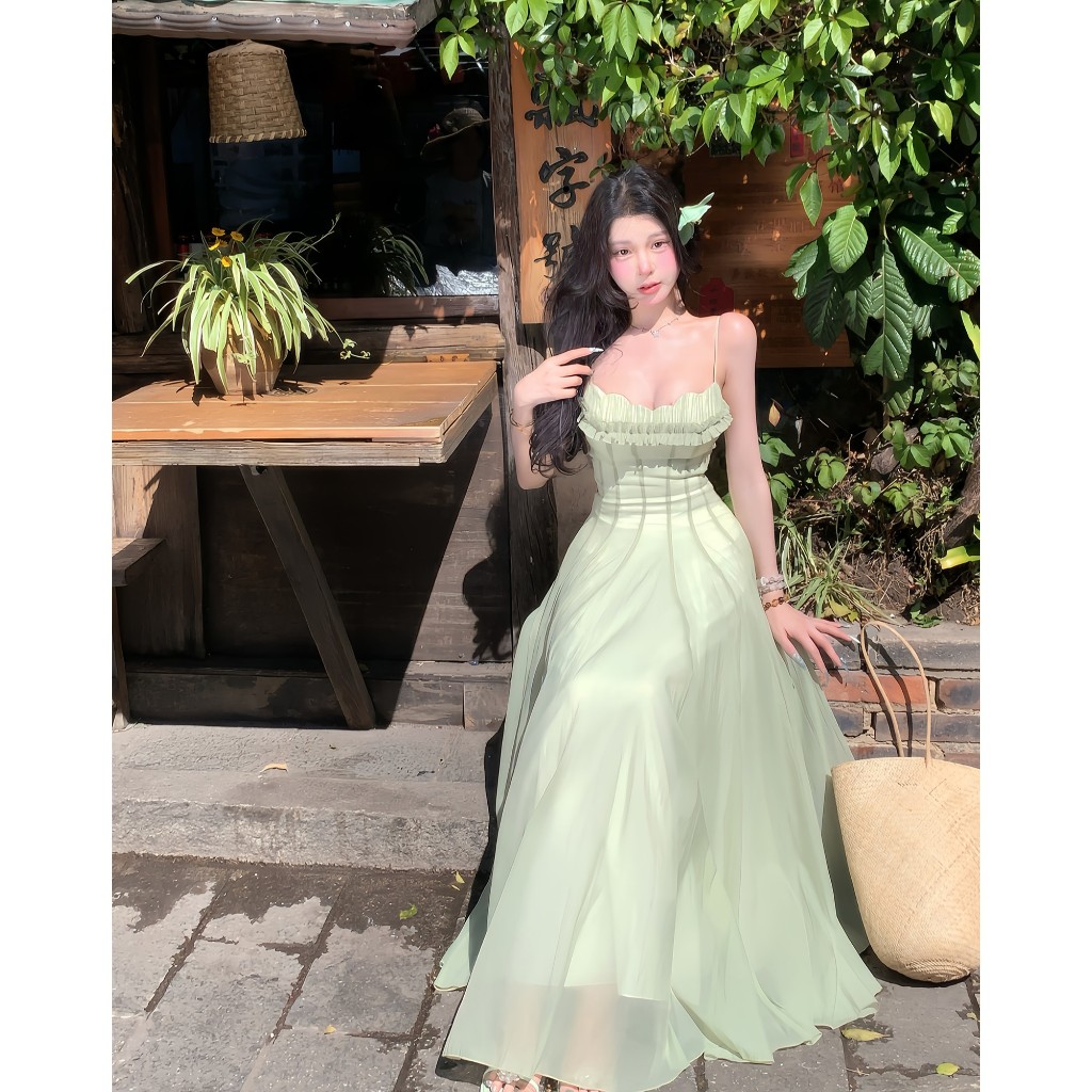 Phiên Bản Hàn Quốc Du Lịch Kỳ Nghỉ Xanh Voan Sling Sản Xuất Quần Áo Nữ Slim-fit Thiết Kế Cao Cấp Không Tay Giữa Chiều Dài | BigBuy360 - bigbuy360.vn