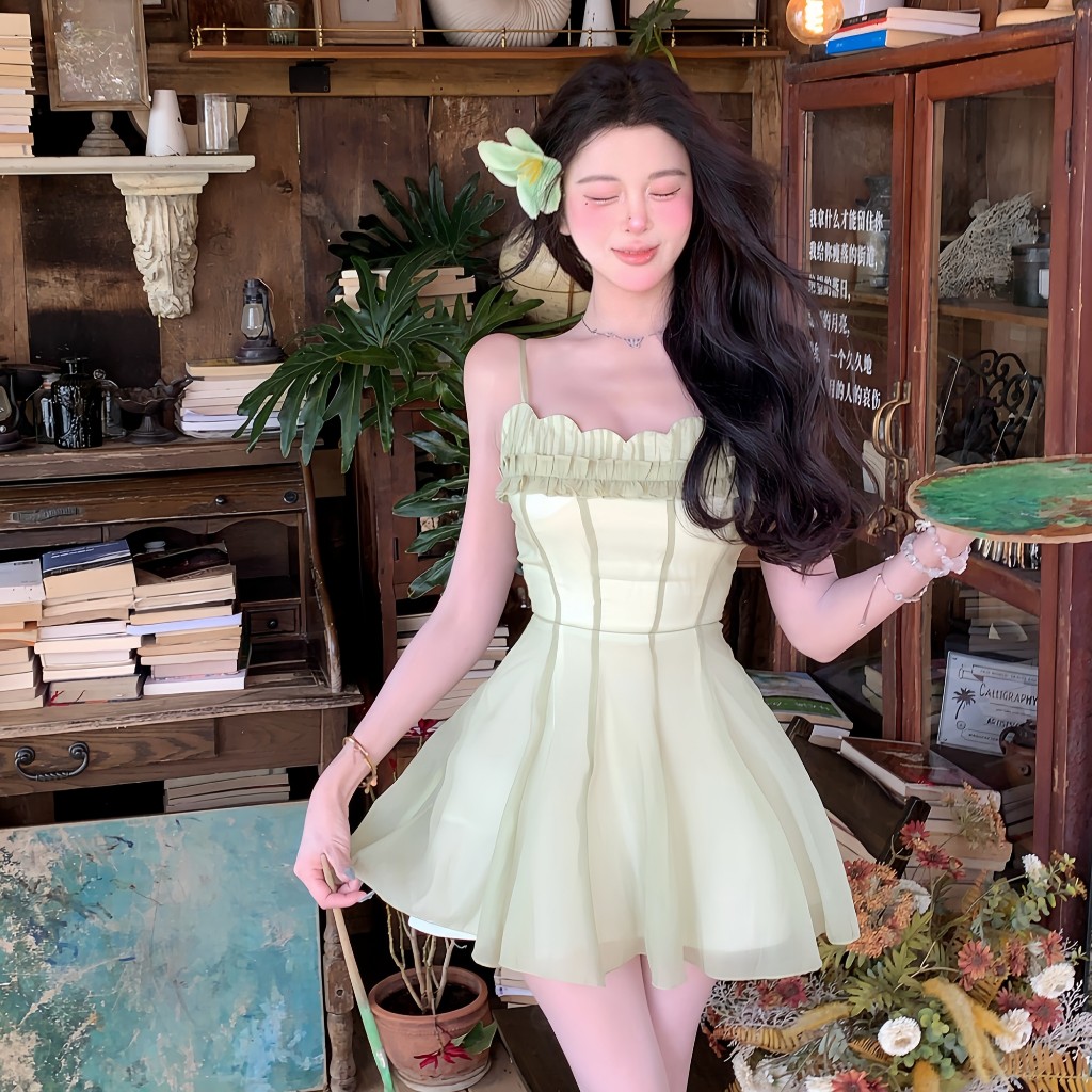 Phiên Bản Hàn Quốc Du Lịch Kỳ Nghỉ Xanh Voan Sling Sản Xuất Quần Áo Nữ Slim-fit Thiết Kế Cao Cấp Không Tay Giữa Chiều Dài | BigBuy360 - bigbuy360.vn