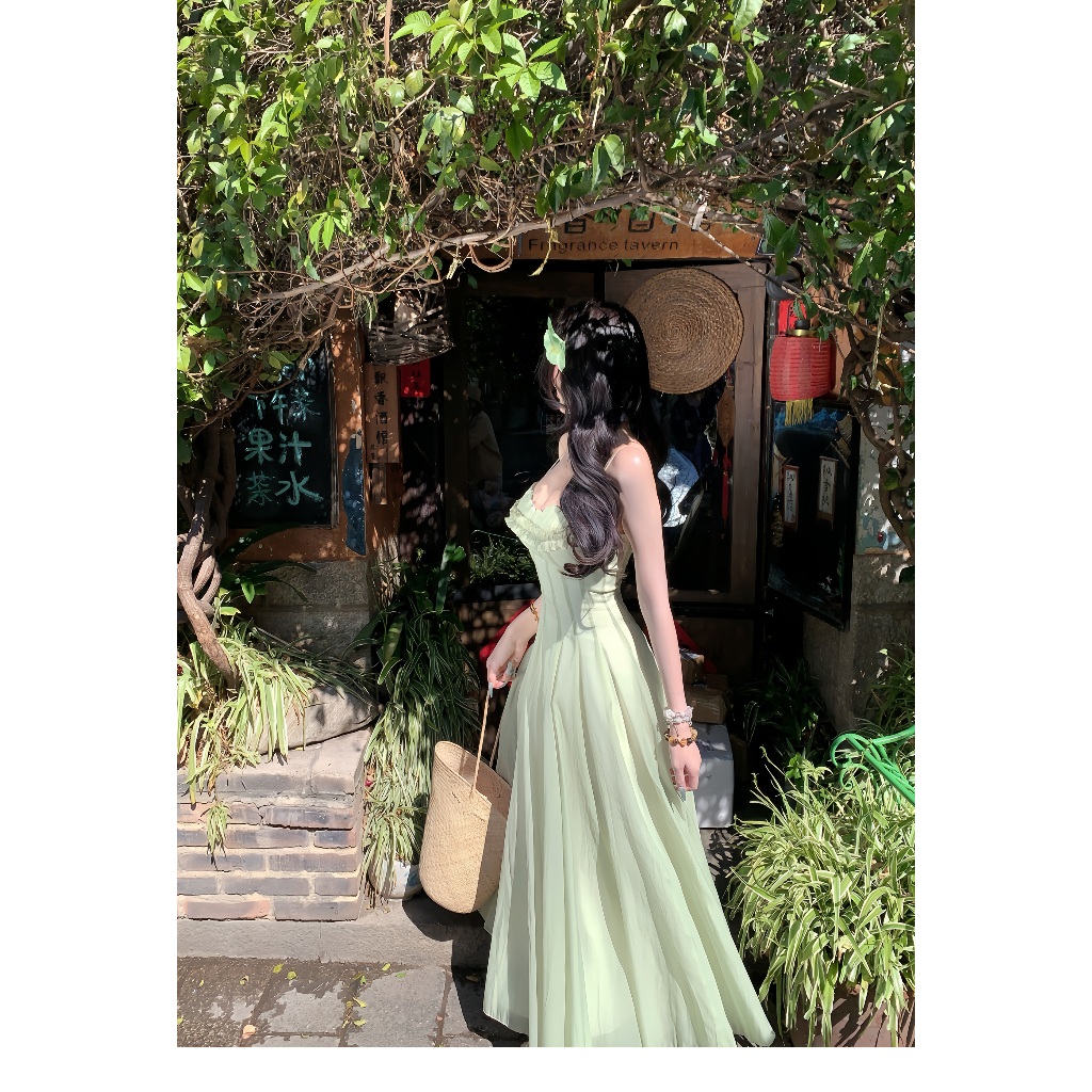 Phiên Bản Hàn Quốc Du Lịch Kỳ Nghỉ Xanh Voan Sling Sản Xuất Quần Áo Nữ Slim-fit Thiết Kế Cao Cấp Không Tay Giữa Chiều Dài | BigBuy360 - bigbuy360.vn