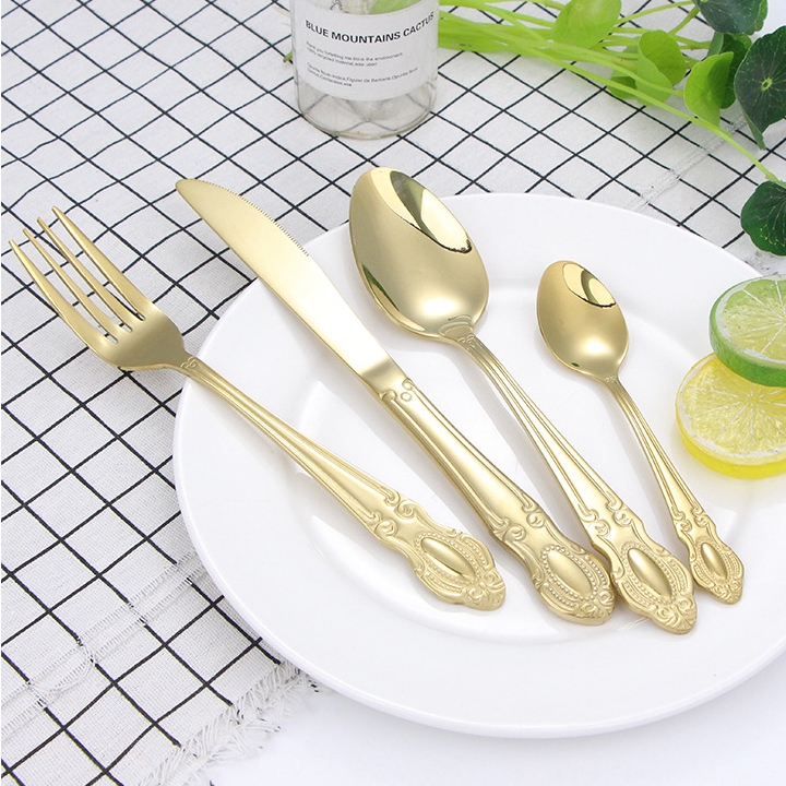 Tay cầm dập nổi Dao kéo bằng thép không gỉ Retro Dao vàng và thìa nĩa Khách sạn Phương Tây Bít tết D