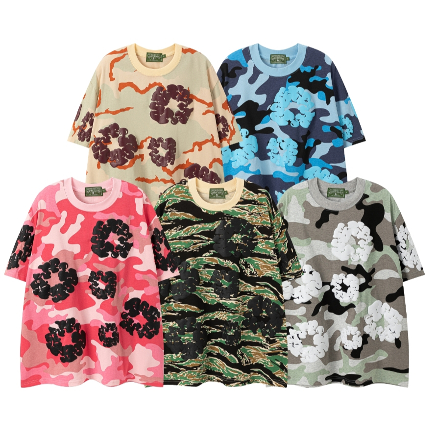 Thời trang DENIM TEARS Cotton Foam In ngụy trang Áo thun Cotton tay ngắn