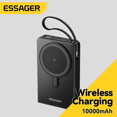 Essager 4 cổng Sạc dự phòng di động không dây Pin từ tính Bộ pin 10000mAh có chân đế có thể gập lại