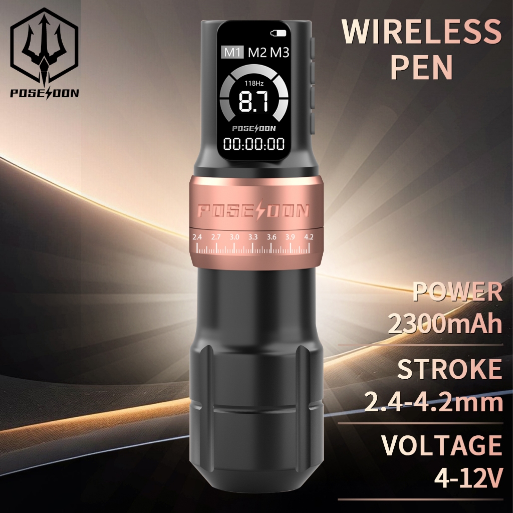 Bút xăm POSEIDON - Máy xăm đột quỵ có thể điều chỉnh với màn hình LED kỹ thuật số và động cơ chất lượng cao, công suất không dây dung lượng 2300mAh dành cho người mới bắt đầu và nghệ sĩ