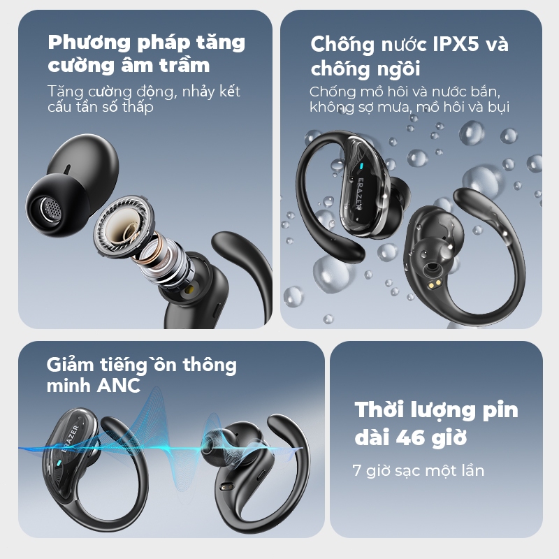 ERAZER XT80 Pro Tai nghe dịch AI Tai nghe Bluetooth 5.4 ANC Chức năng giảm tiếng ồn tự động Tai nghe thể thao HIFI Trò chơi âm nhạc Độ trễ thấp tai nghe không dây | BigBuy360 - bigbuy360.vn