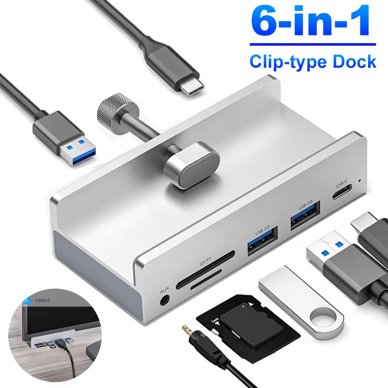 [Youyue] 4 Cổng Ngoài Dock Station 6 Trong 1 USB 3.0 Type-C Clip HUB Có Nguồn Điện Khe Cắm Thẻ TF Tr