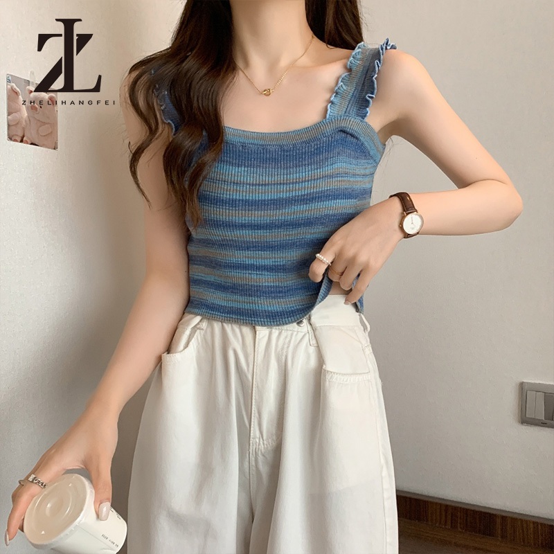 ZHELIHANGFEI Cô Gái Nóng Nấm Cạnh Sọc Mỏng Camisole Nữ 2024 Phong Cách Mới Mùa Hè Mỏng Ngắn Đan | BigBuy360 - bigbuy360.vn