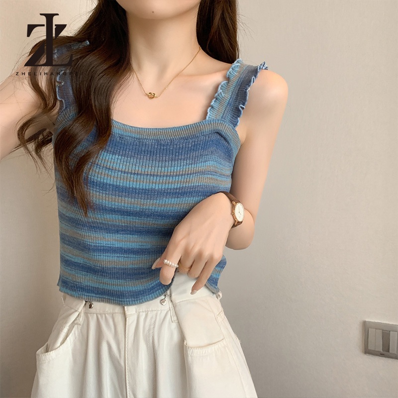 ZHELIHANGFEI Cô Gái Nóng Nấm Cạnh Sọc Mỏng Camisole Nữ 2024 Phong Cách Mới Mùa Hè Mỏng Ngắn Đan | BigBuy360 - bigbuy360.vn
