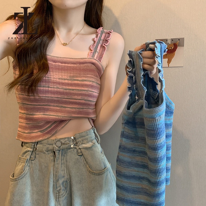 ZHELIHANGFEI Cô Gái Nóng Nấm Cạnh Sọc Mỏng Camisole Nữ 2024 Phong Cách Mới Mùa Hè Mỏng Ngắn Đan | BigBuy360 - bigbuy360.vn