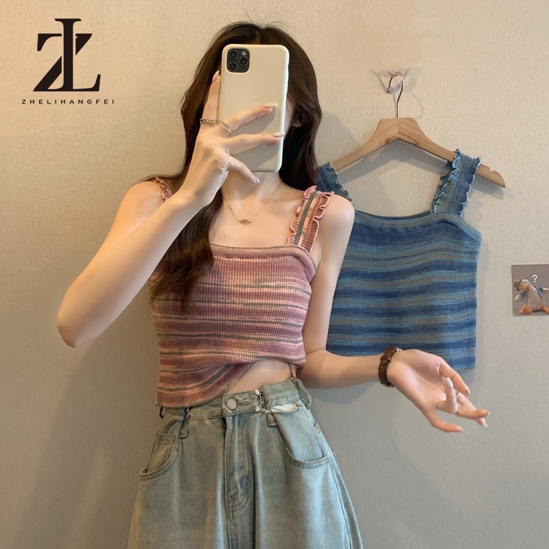 ZHELIHANGFEI Cô Gái Nóng Nấm Cạnh Sọc Mỏng Camisole Nữ 2024 Phong Cách Mới Mùa Hè Mỏng Ngắn Đan | BigBuy360 - bigbuy360.vn