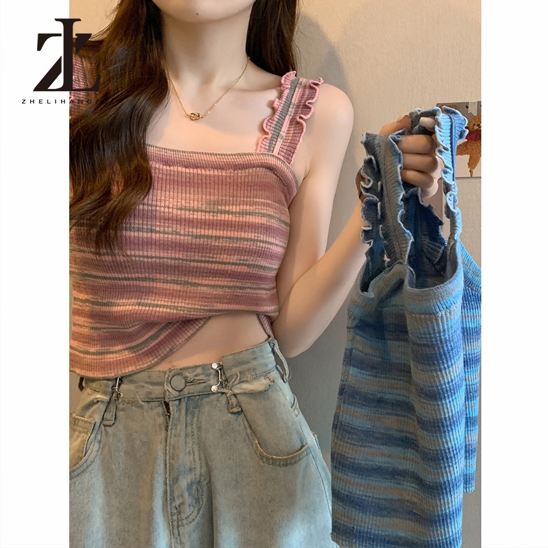 ZHELIHANGFEI Cô Gái Nóng Nấm Cạnh Sọc Mỏng Camisole Nữ 2024 Phong Cách Mới Mùa Hè Mỏng Ngắn Đan | BigBuy360 - bigbuy360.vn