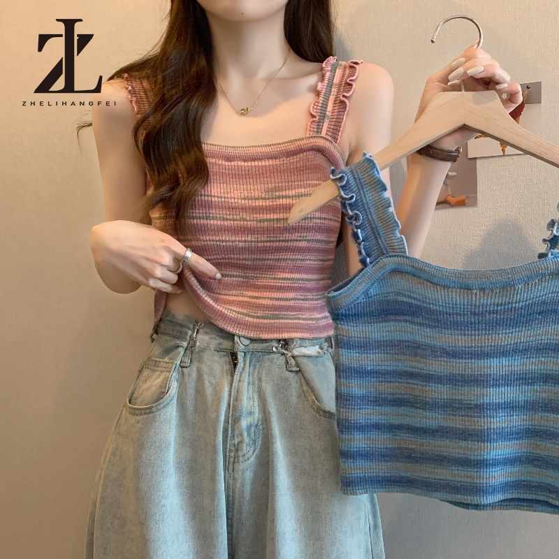 ZHELIHANGFEI Cô Gái Nóng Nấm Cạnh Sọc Mỏng Camisole Nữ 2024 Phong Cách Mới Mùa Hè Mỏng Ngắn Đan | BigBuy360 - bigbuy360.vn