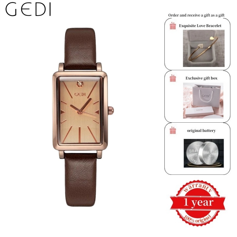 Đồng hồ đeo tay nữ mặt vuông nhỏ Gedi nhẹ, mỏng, nhỏ gọn và chất lượng cao Đồng hồ thạch anh chống thấm nước 21012 Bảo hành chuyển động trong một năm