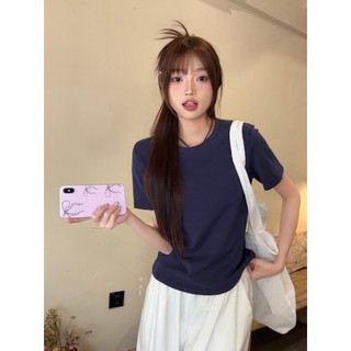 Xiaozhainv Áo thun ngắn tay cổ tròn thời trang Hàn Quốc quần áo nữ thon gọn màu trơn Y2K top