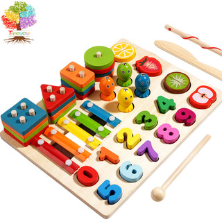  Bảng hoạt động bằng gỗ 5 trong 1 dành cho trẻ mới biết đi - Đồ chơi học tập Montessori có câu cá từ tính Câu đố khối số Máy phân loại hình dạng & Xylophone - Quà tặng giáo dục 