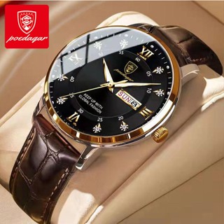 POEDAGAR Đồng hồ nam chính hãng dây da lịch dạ quang chống nước 836+