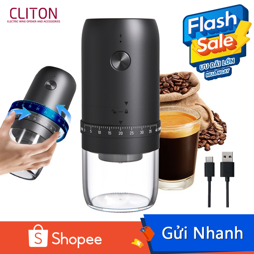 Máy xay cà phê điện Cliton có thể sạc lại 40 cấp độ Máy mài một cú đánh có thể điều chỉnh độ thô