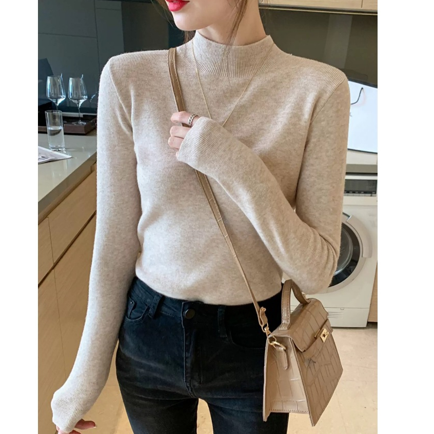 YAYUAN Nửa Cổ Cao Cổ Dệt Kim Đáy Áo Sơ Mi Nữ Thu Đông Phong Cách Mới Mềm Mại Sáp Ôm Tay Dài | BigBuy360 - bigbuy360.vn
