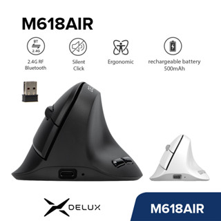 Delux M618AIR Bluetooth không dây có thể sạc lại Chuột dọc tiện dụng MAX 4000 DPI 6 nút bấm im lặng cho bàn tay nhỏ Đen trắng