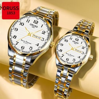 Oruss Original 2 Chiếc Cặp Đôi Lịch Kép Thép Không Gỉ Sang Trọng Dạ Quang Thời Trang Chống Thấm Nước Bạc / Vàng Phiên Bản Hàn Quốc Đồng Hồ Thạch Anh