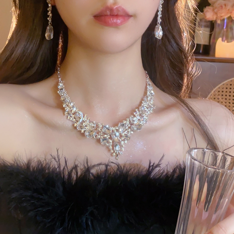 Bộ kim cương bạc sáng tua rua bông tai vòng cổ bộ váy cưới mới Cô dâu váy ăn tối trang sức hai bộ