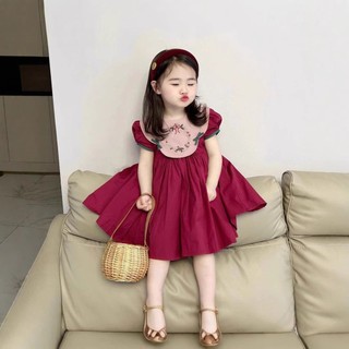  Chất lượng cao cho bé gái retro thêu phồng tay áo công chúa mùa hè ngọt ngào trẻ em bé gái váy cotton 