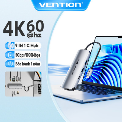 Hub Usb C 4K 60hz Vention 9 In 1 USB Sang Hdmi Vga 3 cổng Usb 3.0 C Sang Rj45 Ethernet Pd 100w 9 Trong 1 3.5mm SD