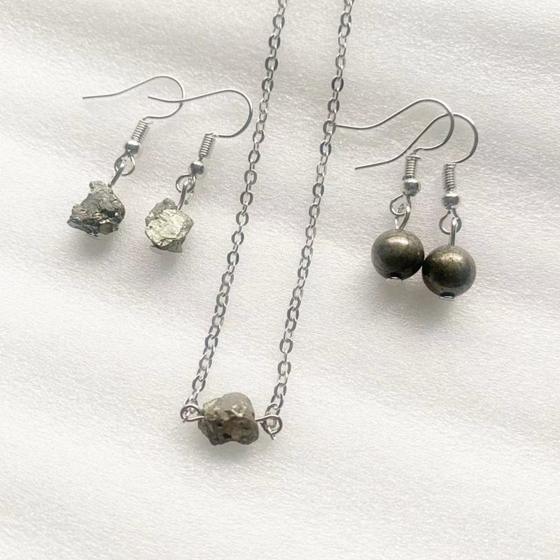 Pyrite JEWELLY Set Không Đều Đá Pyrite Vòng Cổ Bông Tai Hạt Cổ Tay Trang Sức