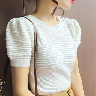 Phong Cách Hàn Quốc Nữ Áo Bong Bóng Tay Dệt Kim Áo Thanh Lịch Áo Thun Tay Ngắn Xếp Ly Áo Thun