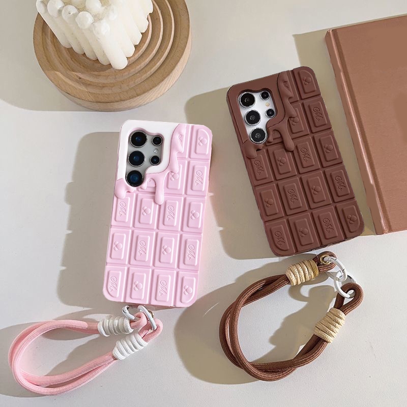 Dành Cho Samsung S25 Ultra S23 S24 A16 A55 A24 Ốp Mềm Sô Cô La Tan 3D Có Dây Đeo Tay Dây Buộc