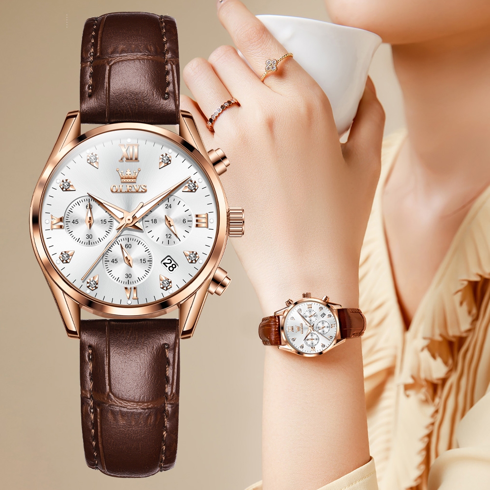 OLEVS Đồng hồ nữ dây da chính hãng có lịch dạ quang chống thấm nước 5523