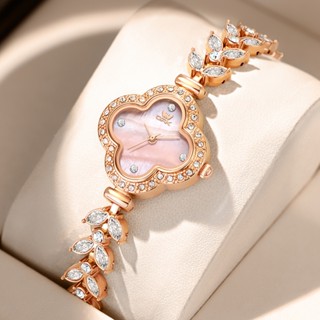 OPK Đồng hồ nữ Hình cỏ bốn lá Đính đá Mặt xà cừ Vàng hồng Thời trang Quartz 6049