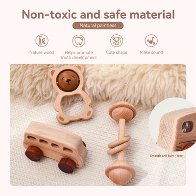 Bé Miếng Dán Đồ Chơi Lục Lạc Treo Hình Gấu Cán Bóng Đồ Chơi Bộ Bpa Miễn Phí Vòng Bằng Gỗ Mọc Răng Sản Phẩm Trẻ Em